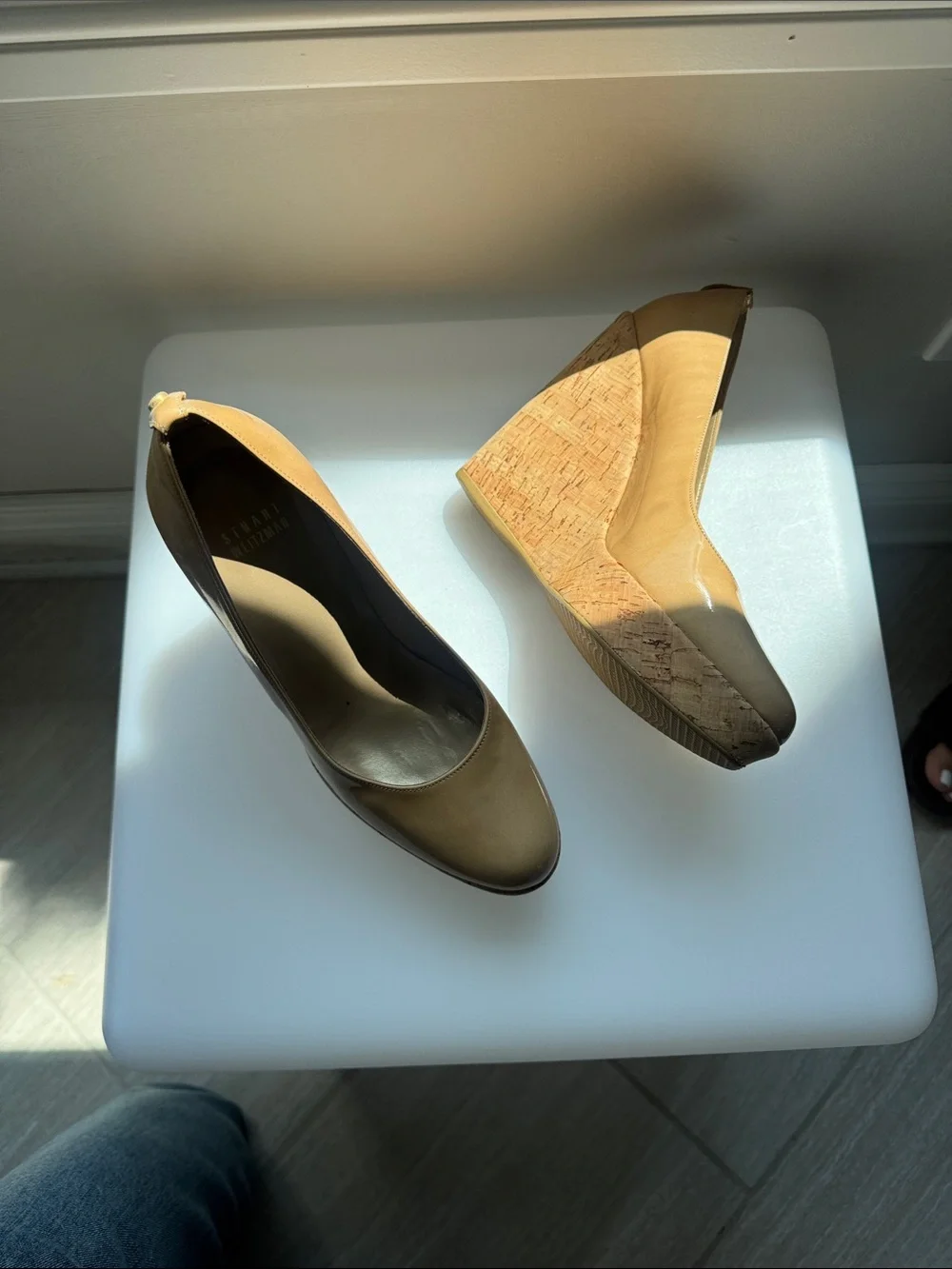 Stuart Weitzman Beige Patent Cork Wedge Pumps